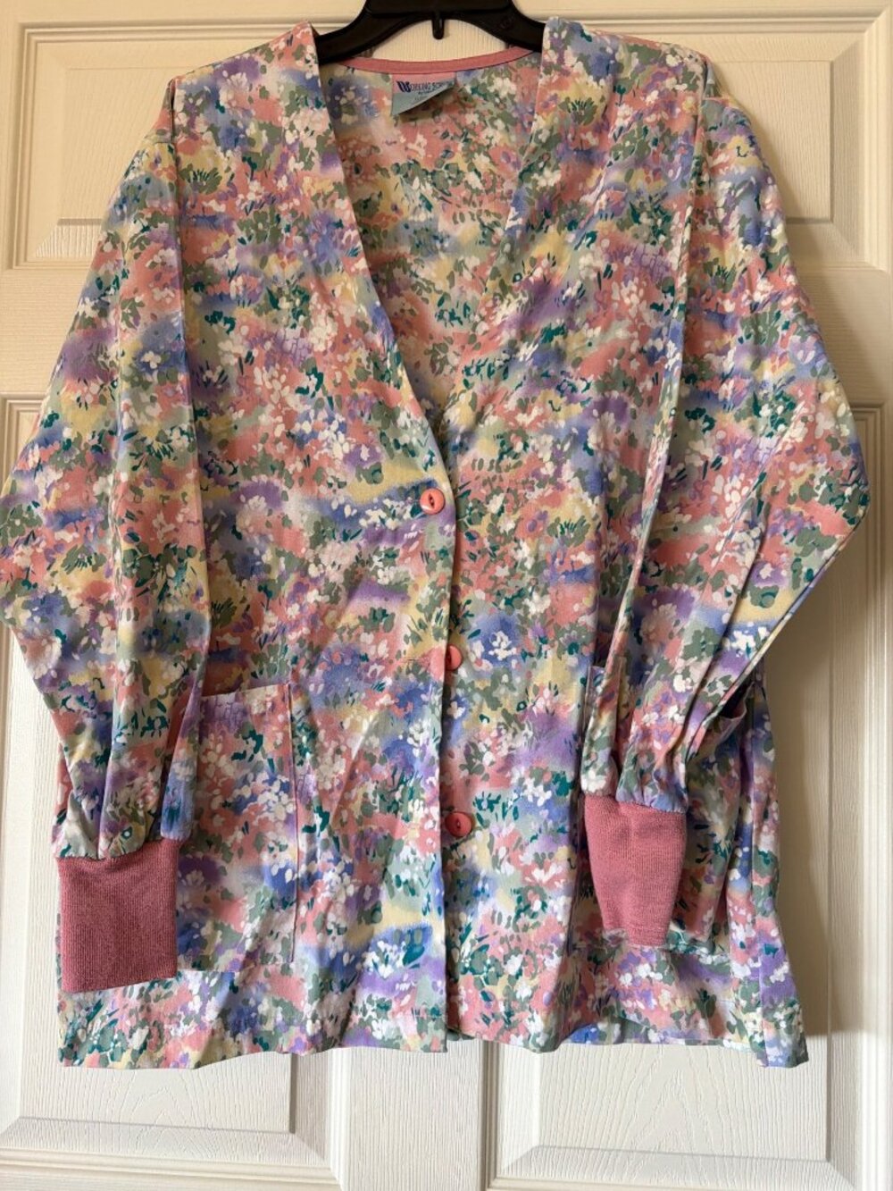 Working Scrubs By White Swan V-Neck Floral Print Jacket With Pockets Pink Cuffs